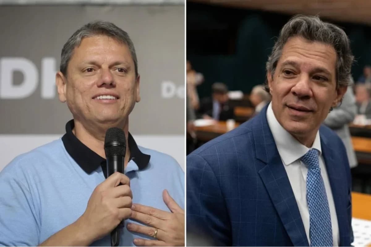 Governador de São Paulo, Tarcísio de Freitas (Republicanos), aparece com vantagem sobre o ex-ministro da Fazenda Fernando Haddad (PT) - Foto: Pablo Jacob/Governo do Estado de SP e Hugo Barreto/Metrópoles