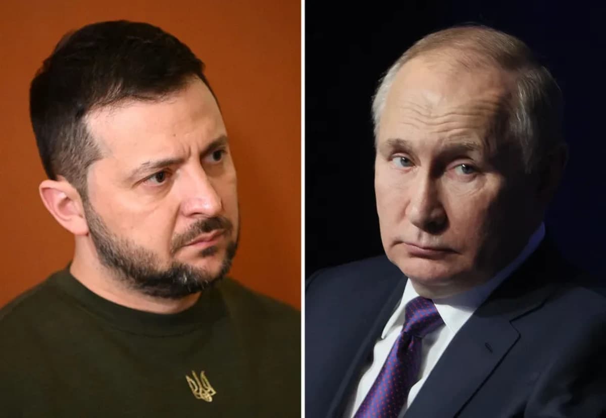 O presidente ucraniano Volodymyr Zelensky (à esquerda) e o presidente russo Vladimir Putin (à direita)