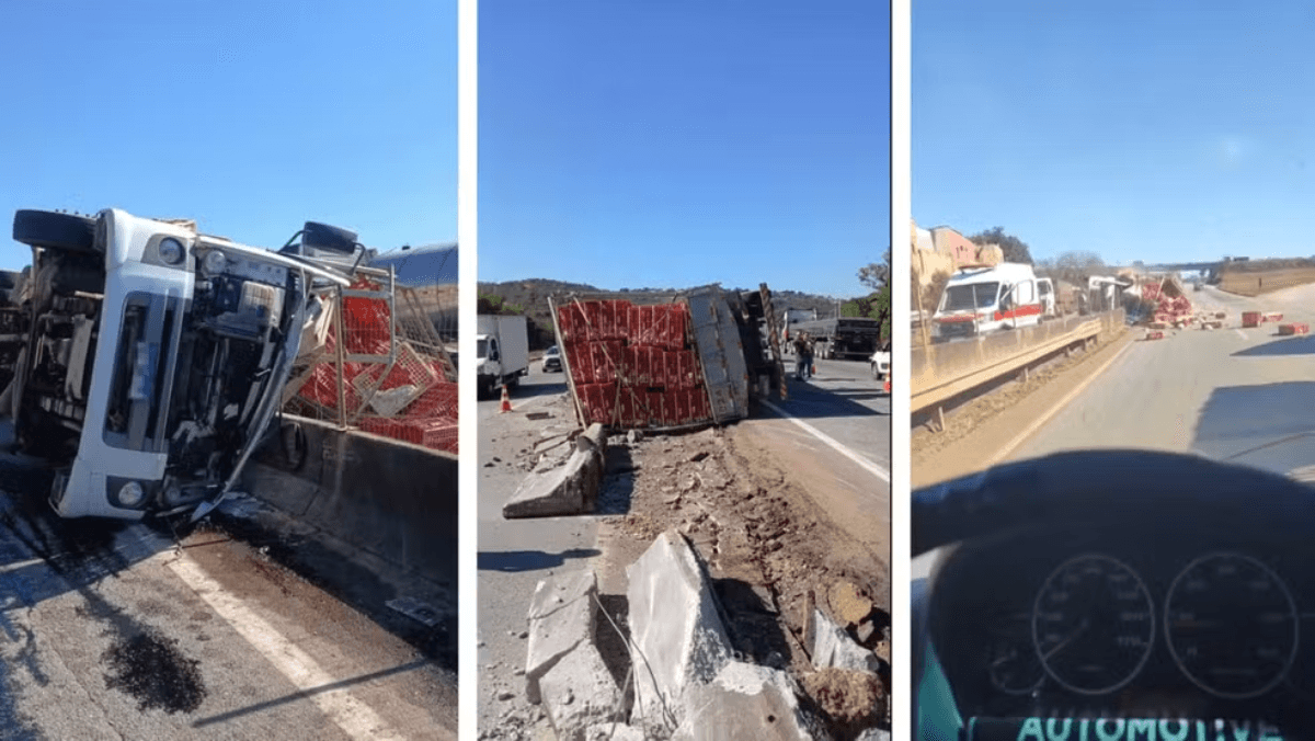Caminhão tomba com carregamento de galinhas — Foto: TV Globo/ Reprodução