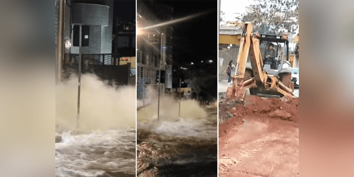 Vazamento de água abre cratera e alaga rua no Barreiro, em BH. — Foto: Redes sociais