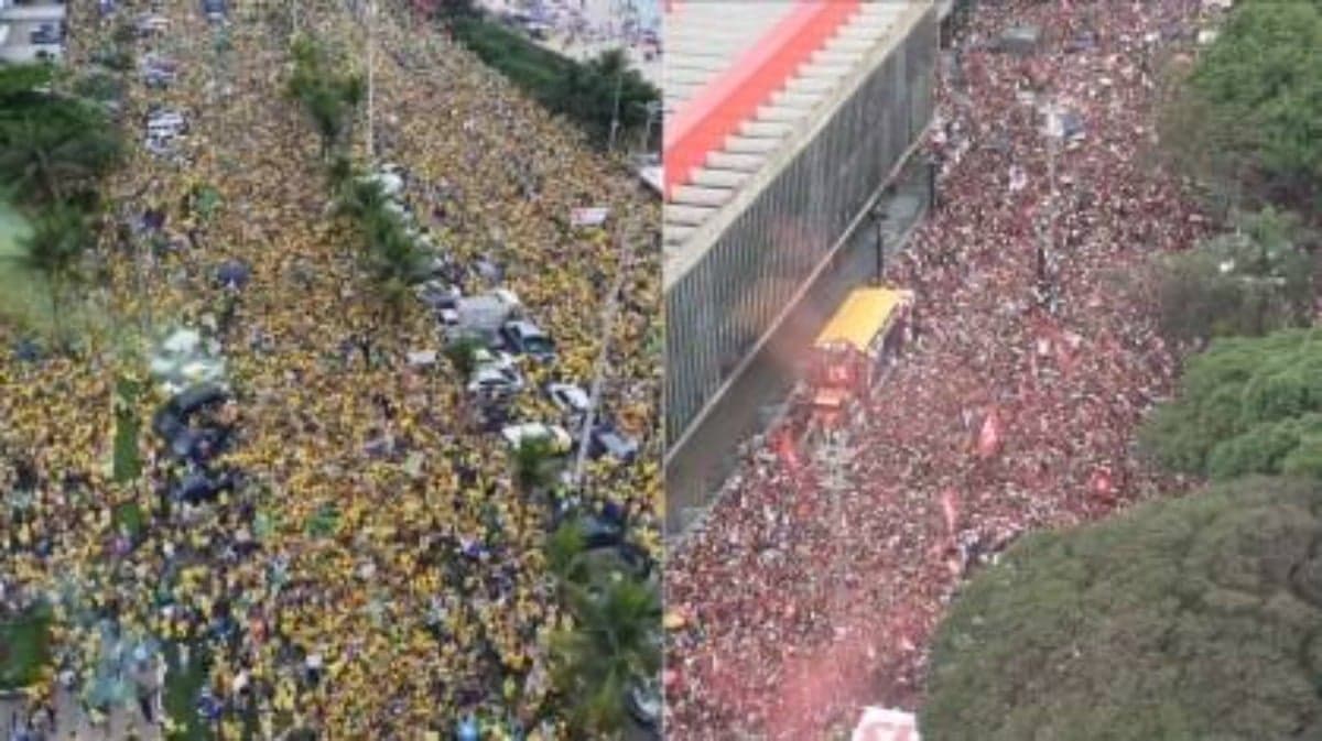 Atos de Flávio Bolsonaro, no Rio de Janeiro, de Lula, em São Paulo • Reprodução/CNN