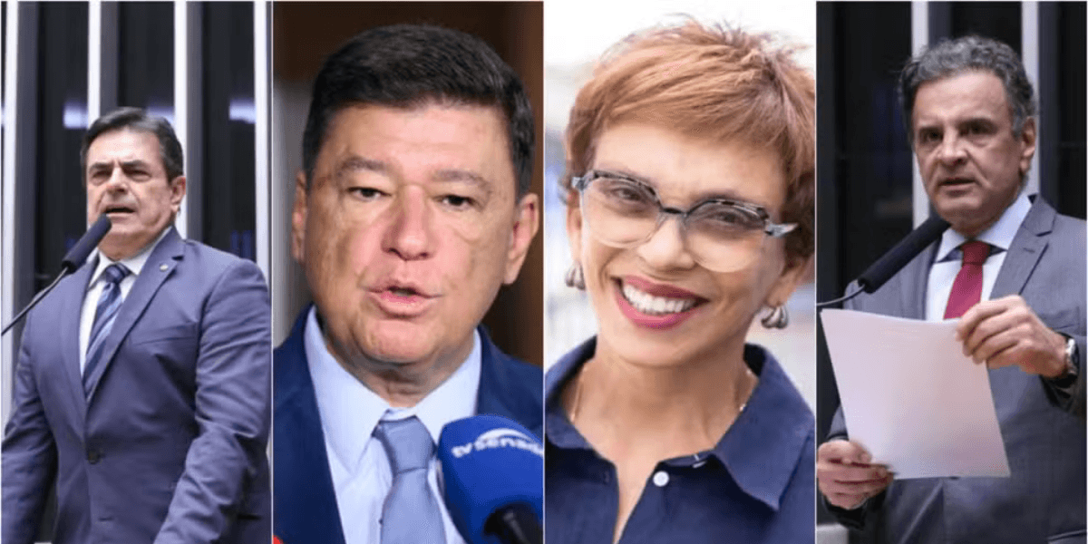 Domingos Sávio (PL), Carlos Viana (PSD), Marília Campos (PT) e Aécio Neves (PSDB). — Foto: Kayo Magalhães/Câmara dos Deputados + Carolina Curi/Agência Senado + Luci Sallum + Bruno Spada/Câmara dos Deputados
