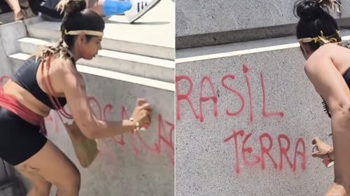 Mulher é presa por pichar estátua durante protesto contra PL da Dosimetria em BH