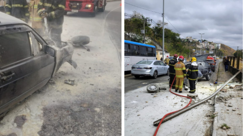 Veículo colide com muro e pega fogo após pneu estourar na Avenida JK, em Juiz de Fora